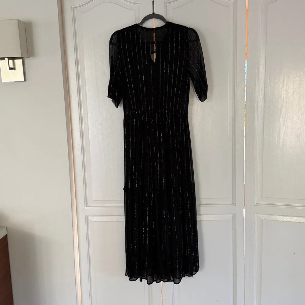 Ulla Johnson Black Silk Midi Dress with Gold Threaded Stripes - SZ 6 - Picture 2 of 5